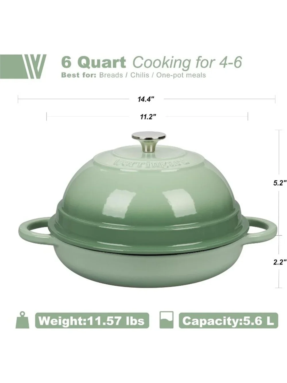 6 Quart Green Cast Iron Enameled Dutch Oven Pot with Lid for Bread Baking Pan